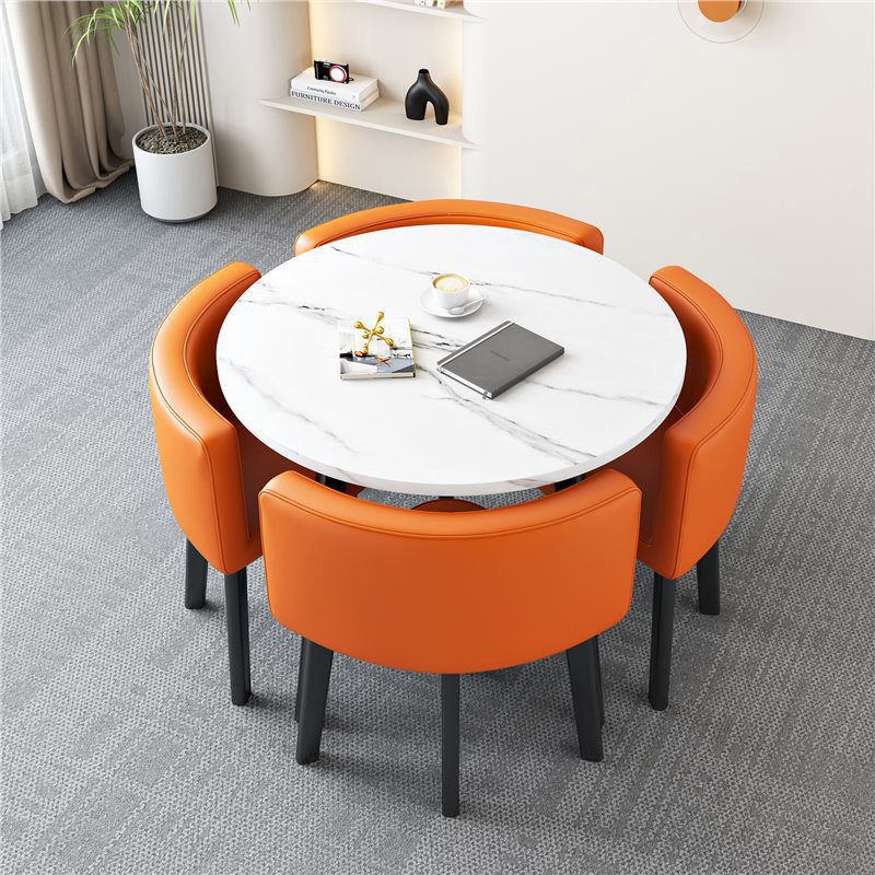 [Factory] 80 imitation white stone round table orange leather chair