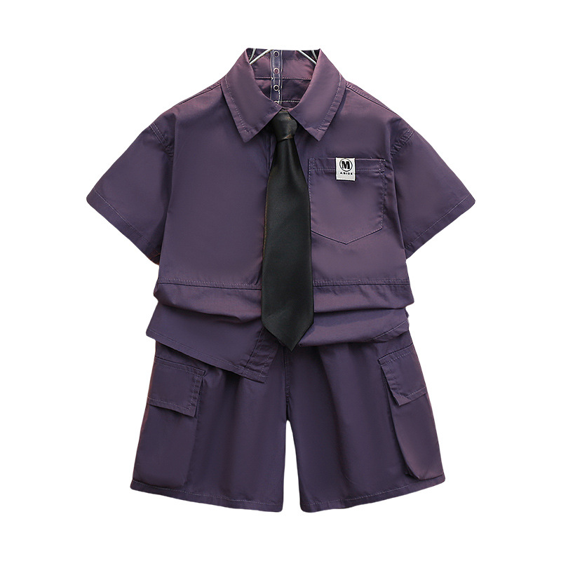 7206 traje de camisa a juego de colores para niños 2025 verano nuevo estilo bebé camisa de manga corta verano para niños de dos piezas de moda