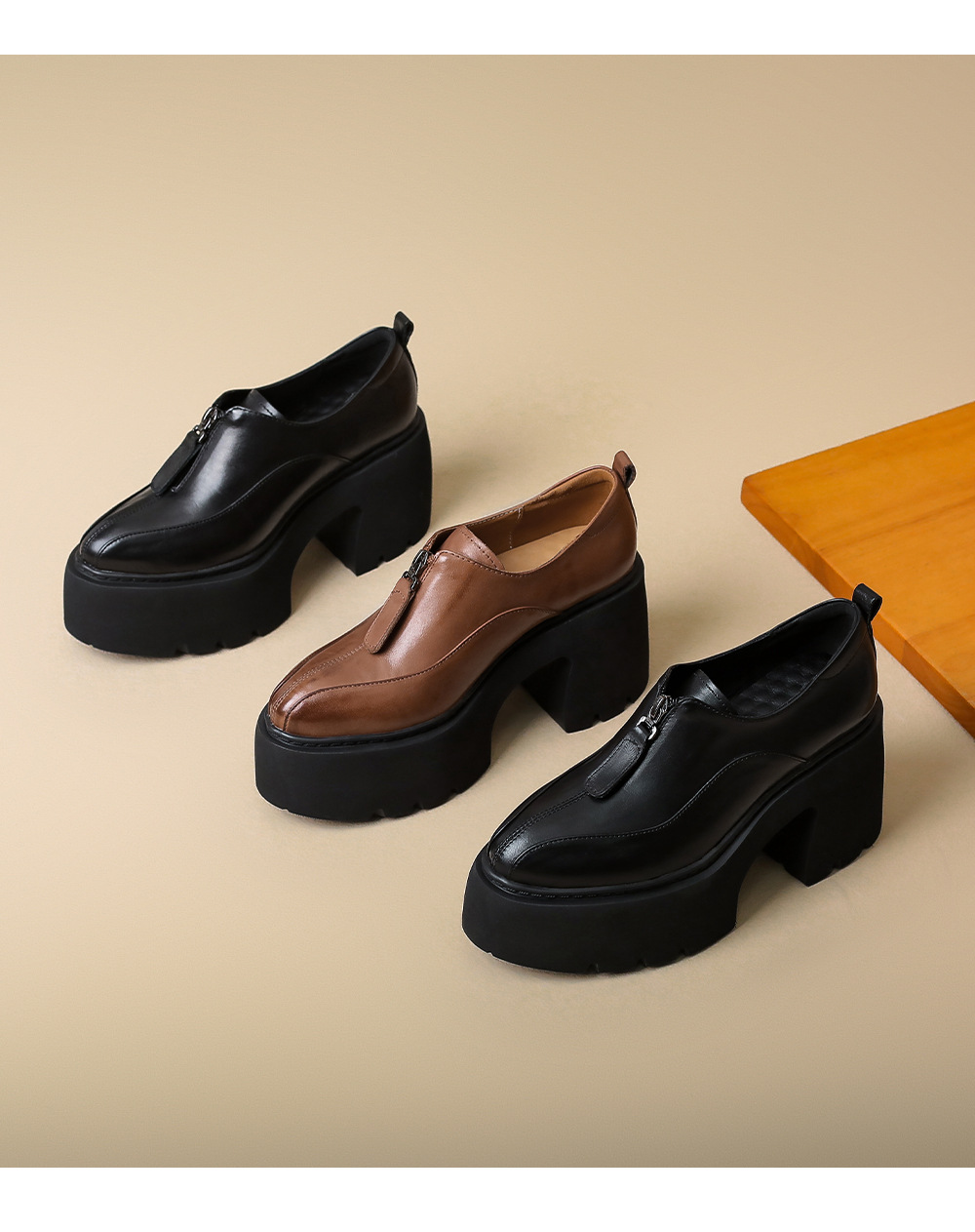 Giày loafer nữ đế xuồng da thật gót vuông phong cách Anh quốc — màu nâu chi tiết 11