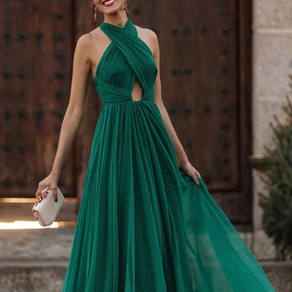 Women's New Hollow Chiffon Long Skirt Crossover Mesh Covered Dress_voghion.com