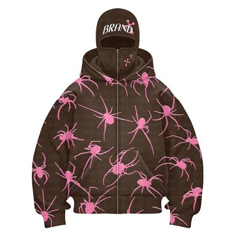 Oumier New Fashion Y2K Personality Street Spider Print Couple Giacca antivento con cappuccio doppio e mascherina_voghion.com