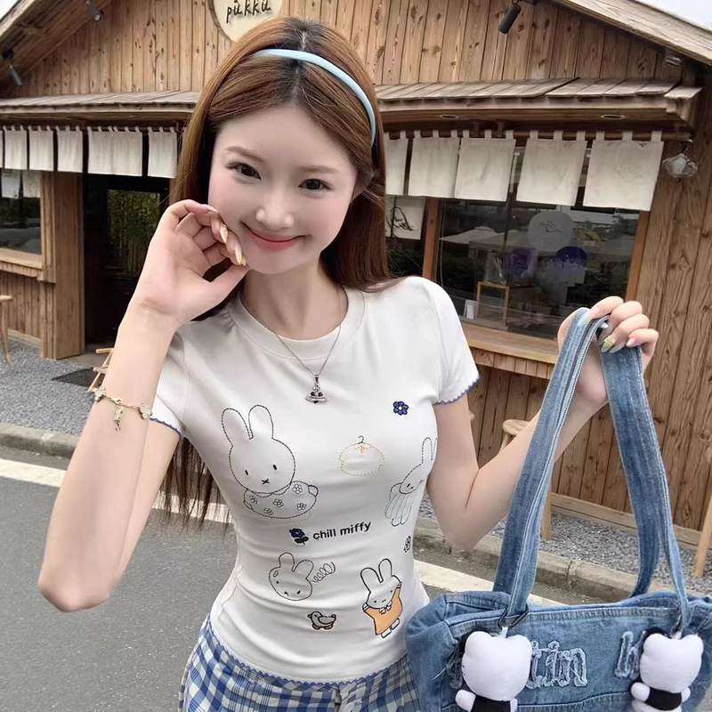 Temple Mili Korean-Style White Cute Rabbit Embroidery Short-Sleeve T-Shirt for Women, Summer Design, Slim Fit, Sweet Style