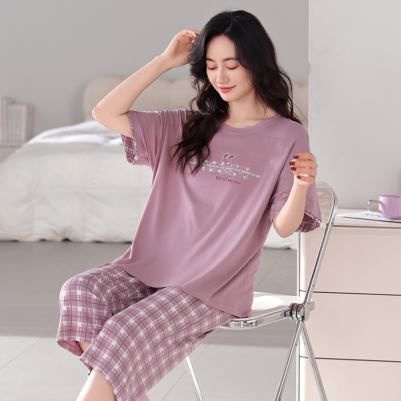 Summer Women's Cotton Pajamas Korean-style Short-sleeved Capri Pants Cotton Casual Loose plus size Outwear Home Clothes suit