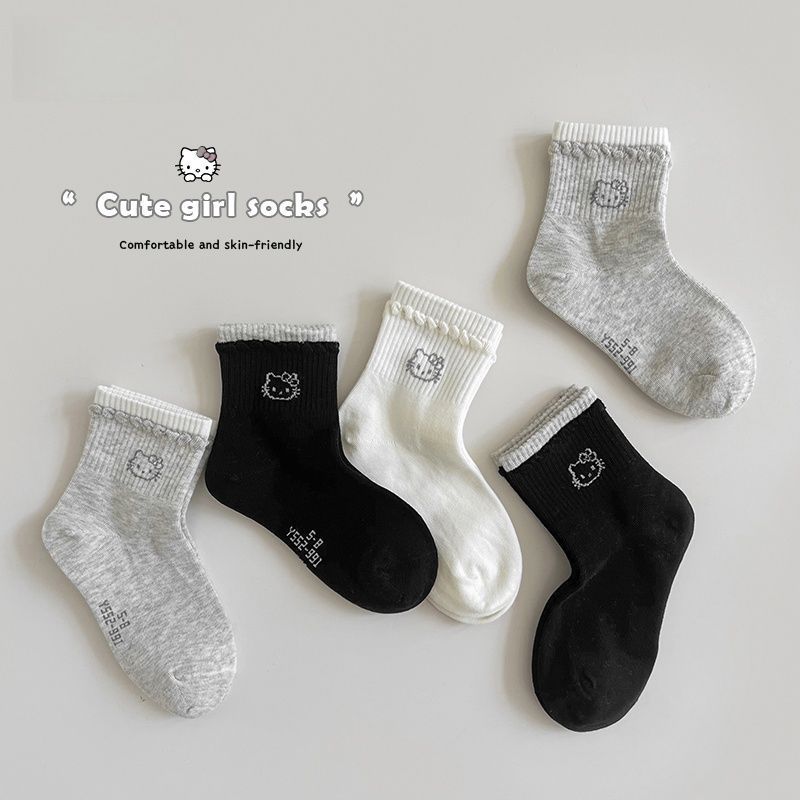Girls' socks, spring and autumn children's Korean style cartoon KT cat lace princess socks girls mid-calf socks cotton socks