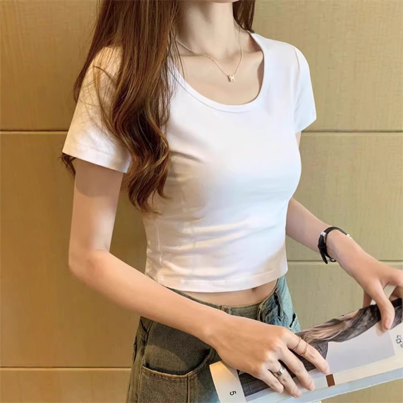 半袖黒 Tシャツレディースショートラウンドネックハイウエストへそ出し韓国風スリム夏新作無地トップイントレンド|undefined