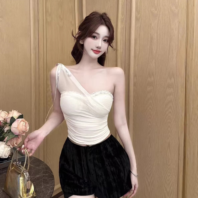 Purely Sexy One-Shoulder Camisole for Women, Mesh Lace Fashion Slim-Fit Sleeveless Backless Top for Women