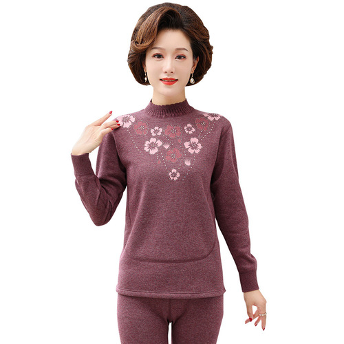 Middle-aged and elderly women's thermal underwear with velvet and thick patches winter mother's thermal clothing set women's autumn clothes and autumn pants