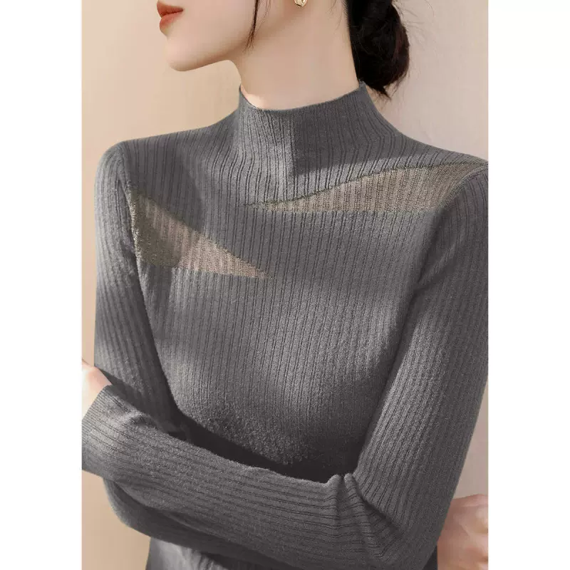 新款黑色长袖针织衫女装半高领毛衣羊毛修身内搭打底上衣