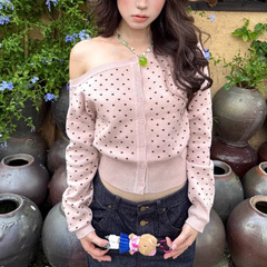 甜美少女风短款波点针织开衫女双色早秋新款修身毛衣显瘦长袖上衣