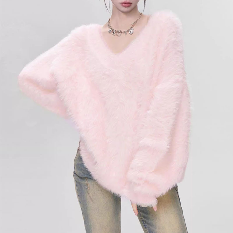 Pink V Neck Mohair Pullover Knitwear for Women in Autumn and Winter Thickeneded Soft Waxy Lazy Style Mink Velvet Knitwear Top