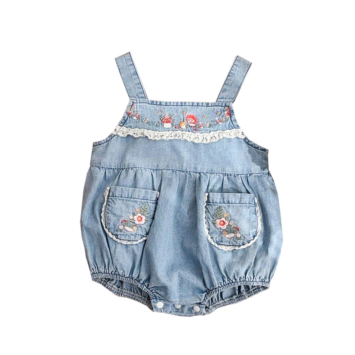 Ropa fina de verano para bebés, mezclilla para bebés, mampara bordada con champiñones pequeños, ropa de salida exquisita de algodón, ropa de pedo