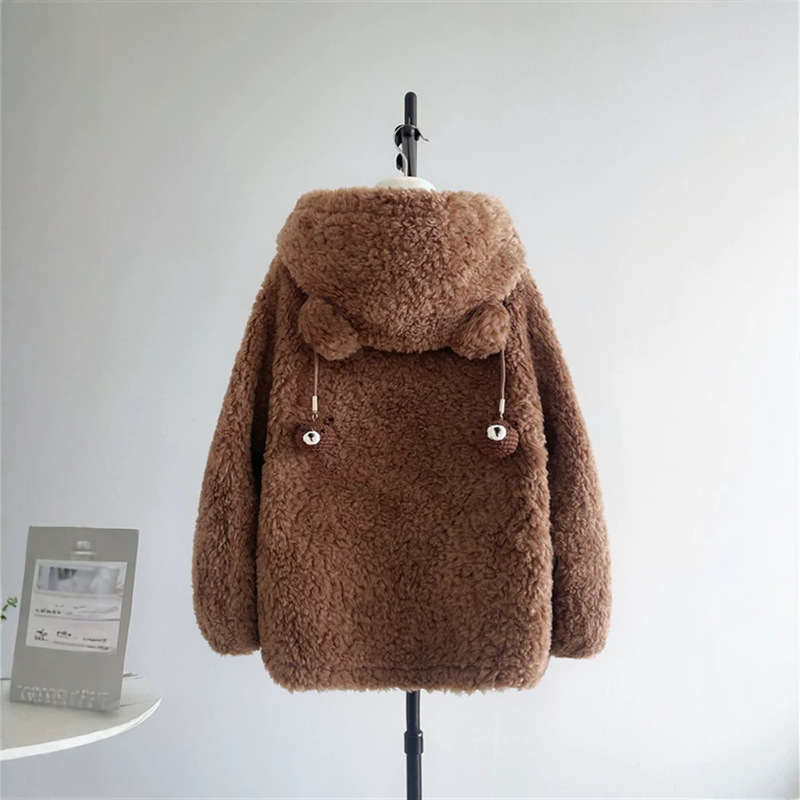 Cute Warm Bear Hooded Lamb Wool 2026 Winter New Mid-Length Korean Style Slimming Look Sheepskin Fur All-In-One Women's C30 Cute Warm Bear Hooded Lamb Wool 2026 Winter New Mid-Length Korean Style Slimming Look Sheepskin Fur All-In-One Women's C30