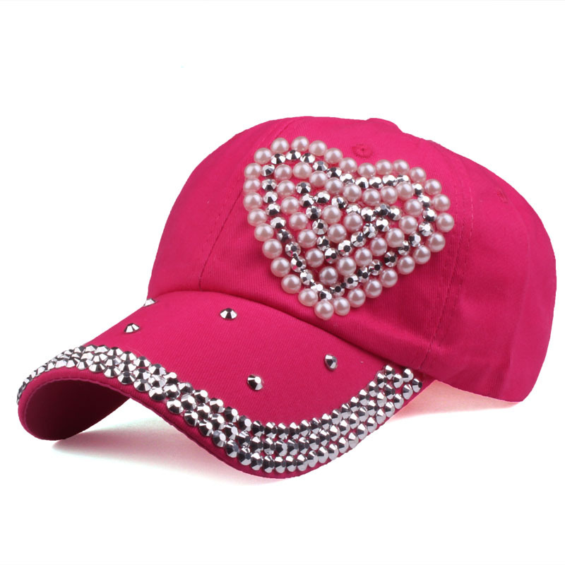 Outdoor Occasion Cotton Material Women's Fashion Heart Shape Rhinestone Pearl Baseball Cap