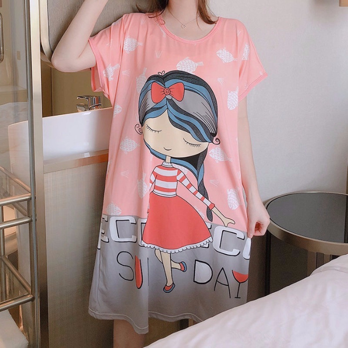 Camisón de manga corta de verano de dibujos animados dulce falda cultural delgada suelta más pijamas de tamaño vestido de mujer ropa para el hogar Comercio exterior
