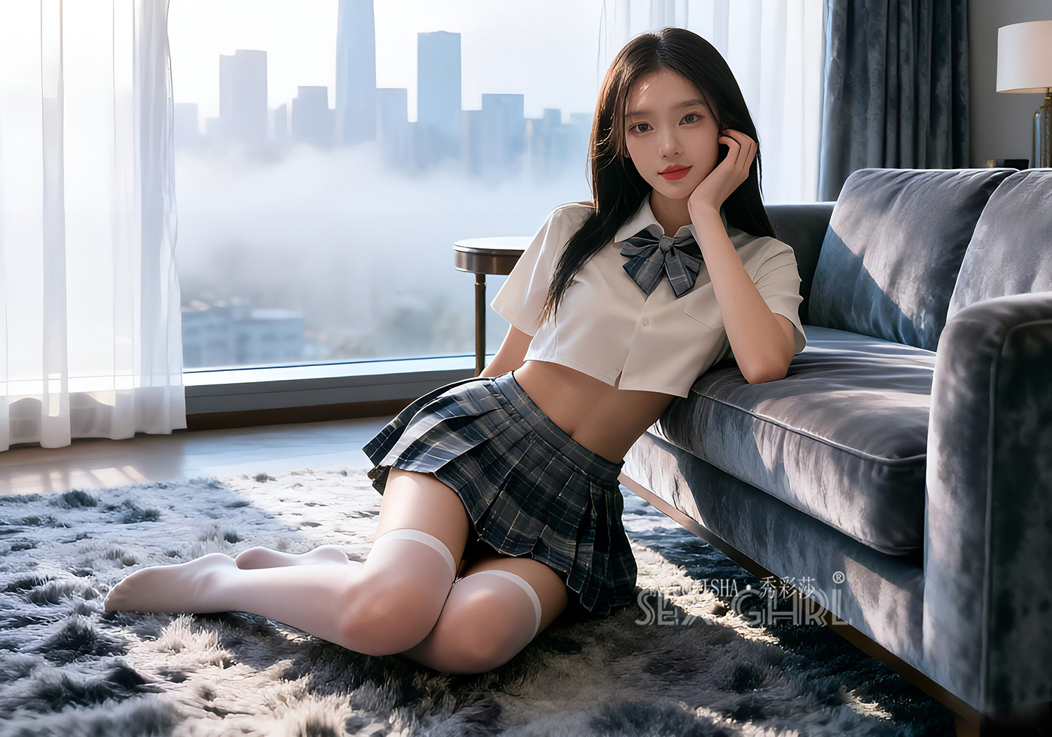 Student-Style Roleplay Lingerie Set with Plaid Skirt, Top, Bow Tie, Thong and Stockings — detail image 13