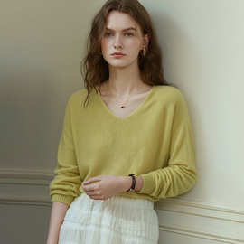 高端精纺羊绒上衣大牌老钱风毛织T恤V领秋冬桑蚕丝保暖长袖针织衫