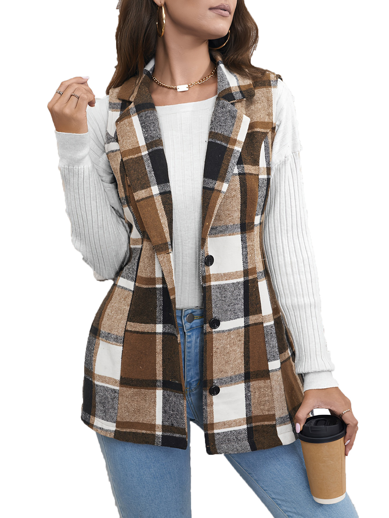 Fashion women‘s lapel suit vest plaid jacket