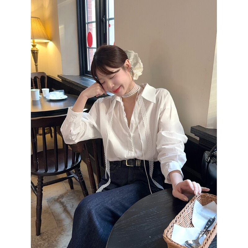 胖mm大码POLO领系带衬衫女春季蕾丝洋气宽松别致衬衣长袖外穿上衣|undefined