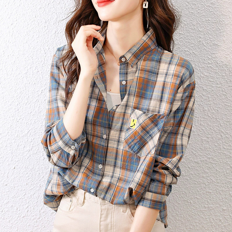 [in stock] Cotton Plaid Shirt Women's Long Sleeve Spring New Korean Fashion Design Sense Slim Shirt Women's Top