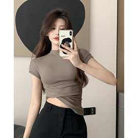 修身显瘦正肩半高领短袖t恤女夏季收腰内搭打底针织衫纯欲风上衣