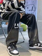 美式男款裤青春潮流高街ins笑脸涂鸦复古渐变牛仔裤宽松直筒