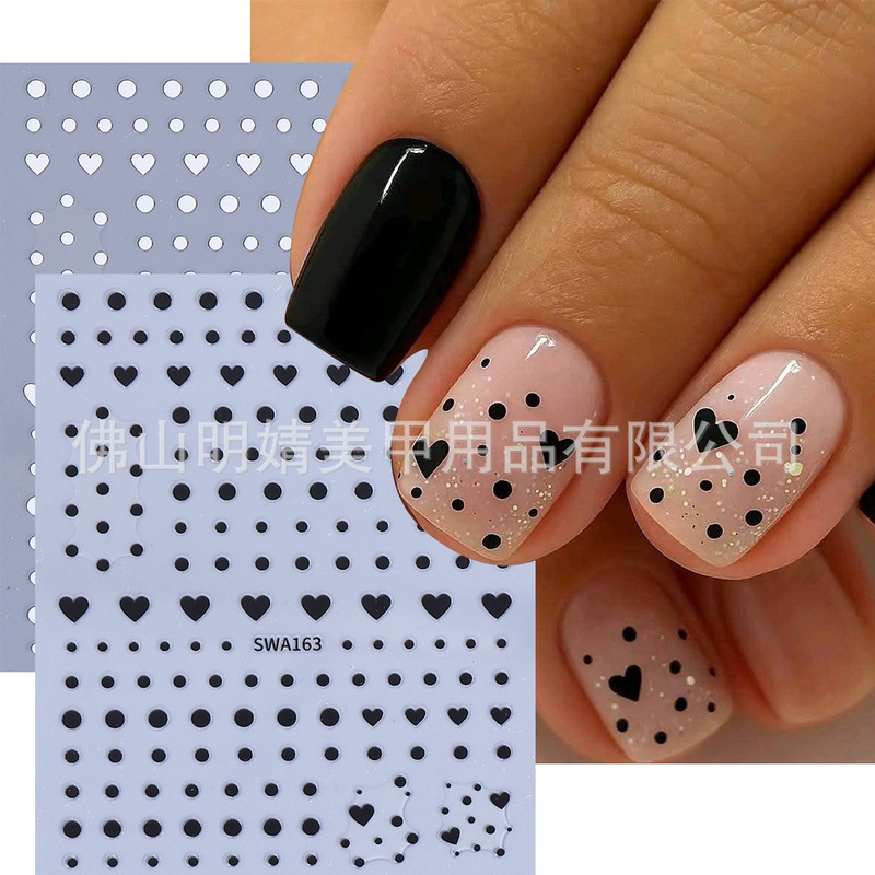 New Ins Style Nail Art Stickers Polka Dot Heart Valentine's Day Nail Art Stickers Black and White Heart Polka Dot Nail Stickers