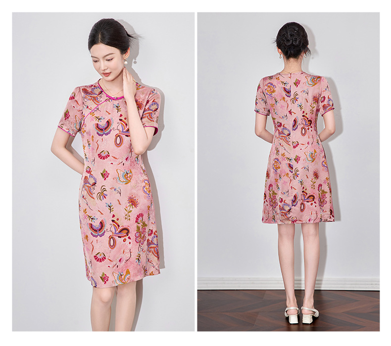 Váy sườn xám cách tân jacquard phong cách Trung Quốc chất liệu sợi mây thơm, dáng suông thắt eo, tay ngắn mùa hè — Màu xanh lam chi tiết 14