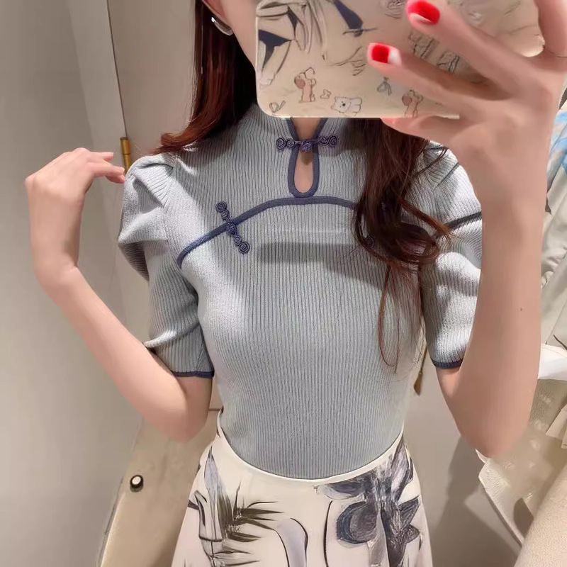 Wzfs24036 Spring/Summer lb Sister Style New Chinese-Style National Style Button Contrast Color Short-Sleeved Knit Top Cross-Border