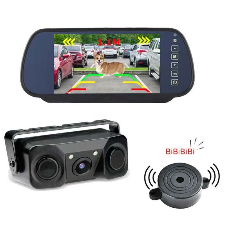 Hd 7inch Rearview Mirror Monitor + 3-in-1 Parking Radar Sensor Reversing Camera Rear View