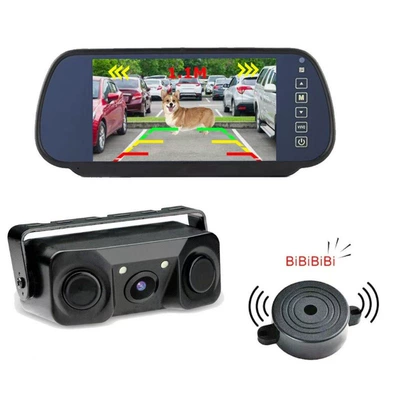 Hd 7inch Rearview Mirror Monitor + 3-in-1 Parking Radar Sensor Reversing Camera Rear View (Car display)