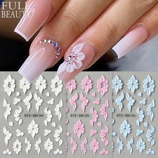 Cross-border new nail art stickers spring and summer white blue pink flower petals small flower relief three-dimensional nail stickers