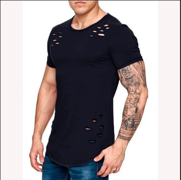 New European and American Style Men's Loose-Fitting Solid Color T-Shirt, Ripped Design, Large Size, Unisex