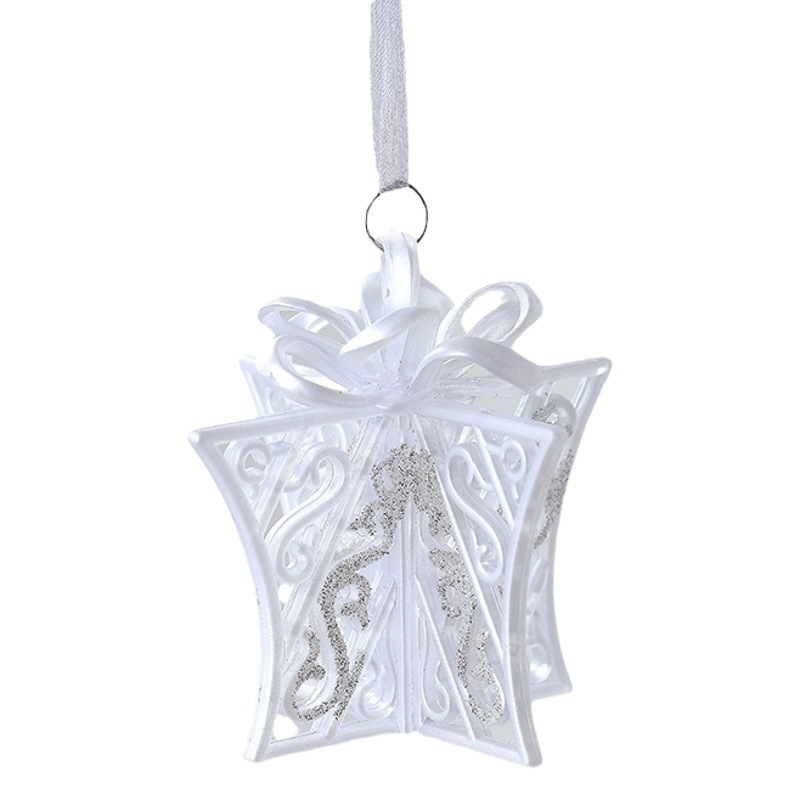 Nuevo colgante de acrílico de Navidad blanco transfronterizo, copos de nieve en polvo de brillo, paquete de regalo de árbol de Navidad de mariposa, colgante de caramelo pequeño