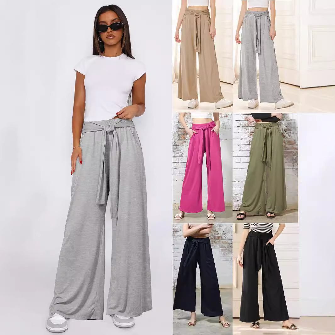 2026 Spring/Summer Fashion Women's Solid Color Draped Tie-Waist Wide-Leg Pants Casual Versatile Soft Comfortable Yoga Pants for Women