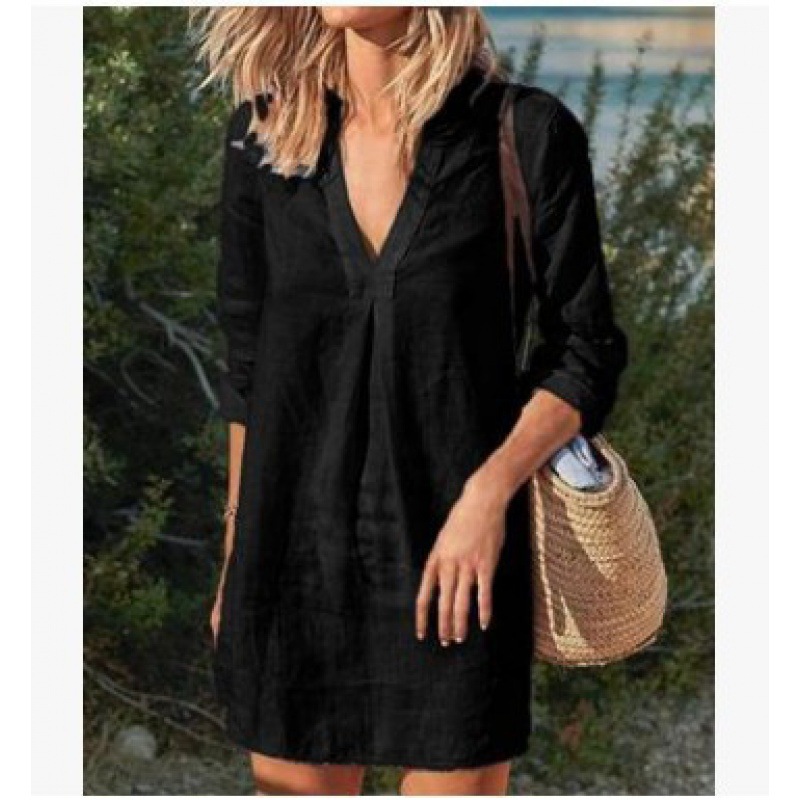 Vestido midi femenino de manga larga, cuello en V