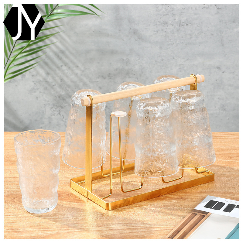 日式铁艺沥水杯架 家用手提木柄水杯架 带托盘杯子架厨房杯具收纳|ru