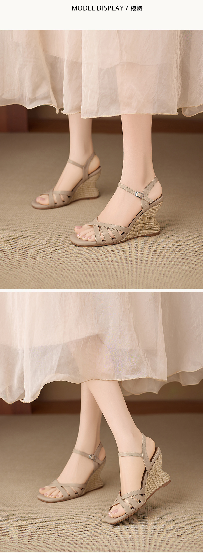 Sandal cao gót nữ hở mũi quai ngang đế xuồng bện cỏ — màu trắng ngà, màu mơ chi tiết 4