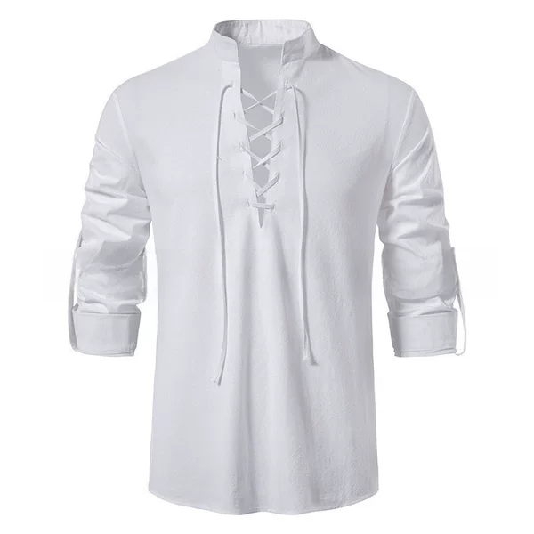 Halloween Costumes Amazon Men's Cotton Henry Shirt Long Sleeve Casual Beach Stand Collar Shirt European and American Drawstring Shirt