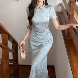 中式风改良旗袍暗纹短袖镂空盘扣连衣裙高级感鱼尾长裙女夏季批发