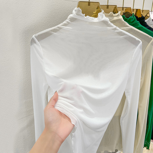 Ruffled High-Neck Sheer Mesh Base Top for Women | Thin Mesh Blouse for Layering, Fitted Lace Top with Inner Lining—Perfect for Spring