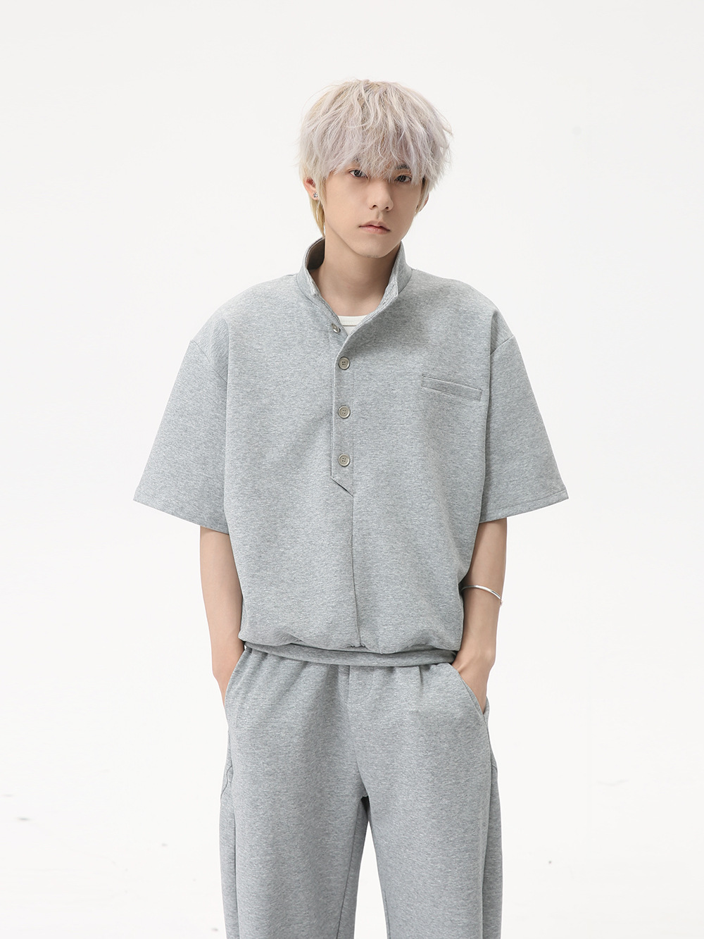 MTLCLOTHES para hombre | Coreano simple espacio botón de algodón cuello alto color sólido casual todo fósforo traje deportivo de moda