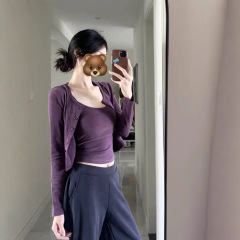 韩系辣妹紫色吊带背心开衫T恤小个子短款修身上衣两件套装女秋季