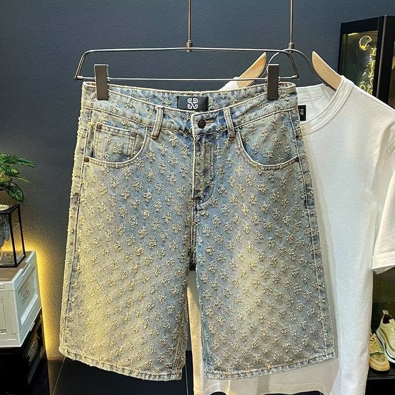 2025 American New Style Denim Shorts Men's Summer Loose Straight Casual Jacquard High-End Five-Point Medium Pants