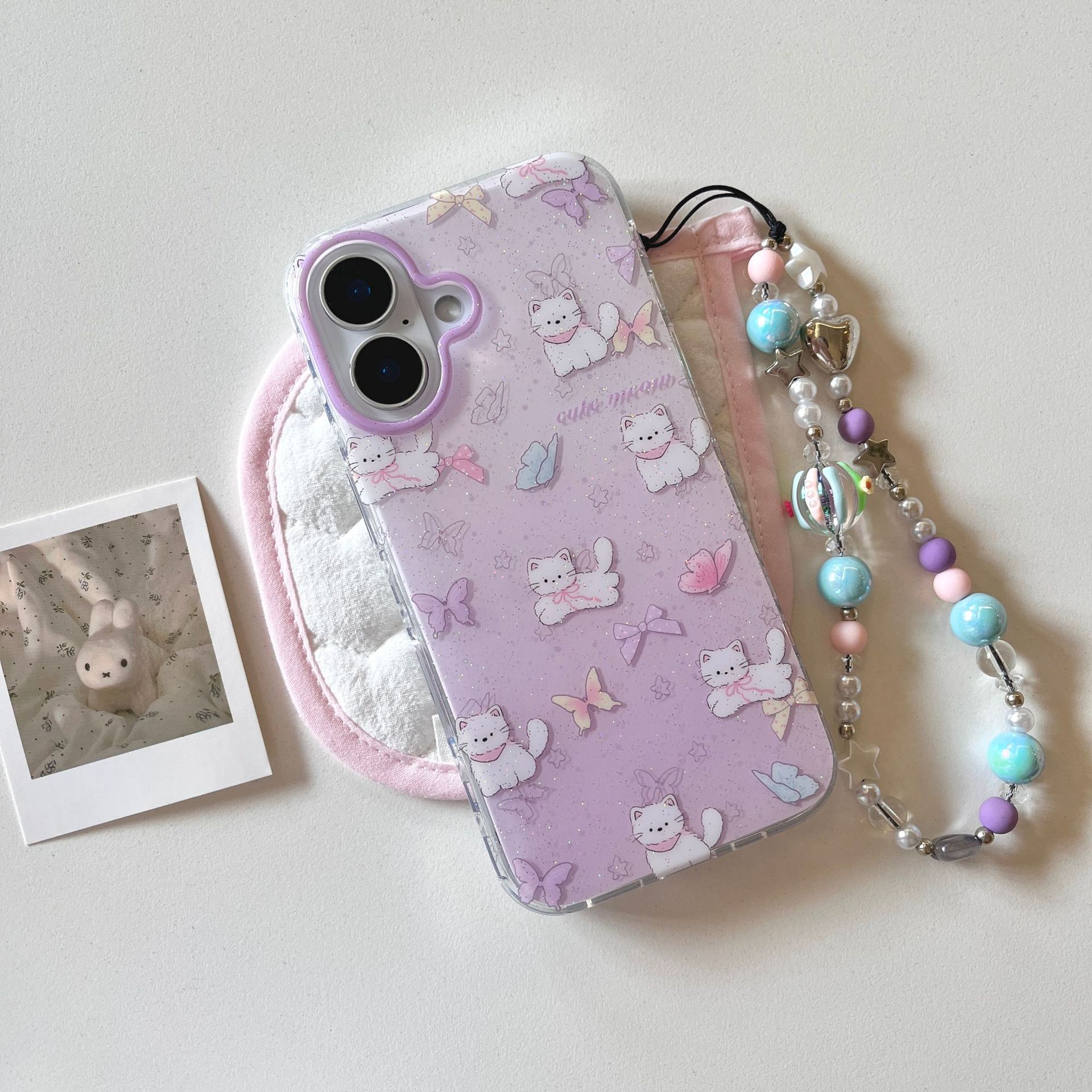 Gato con lazo morado lindo coreano para Apple 16ProMax funda para teléfono móvil 15/14 niña 13 mujer 15P
