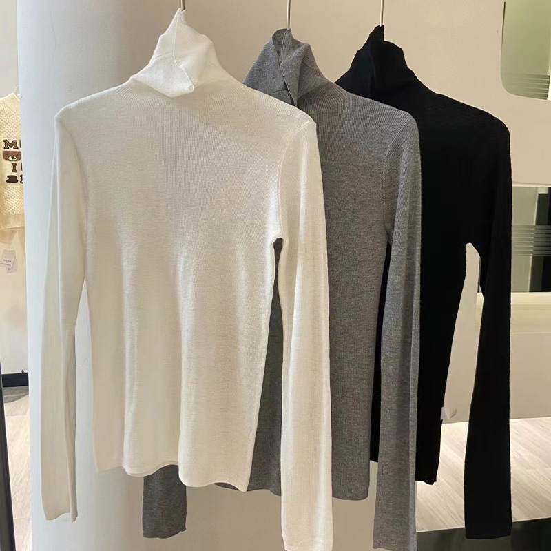 Seamless One-piece Woolen Sweater Turtleneck Sweater Women's Spring and Autumn High-end Slim-fit Base Pullover Sweater Thin White