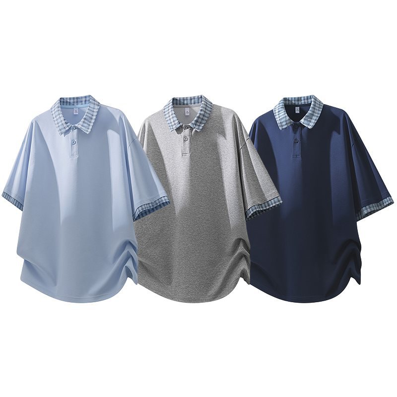 American retro style faux two-piece fashionable short-sleeved men's summer collared T-shirt casual breathable top