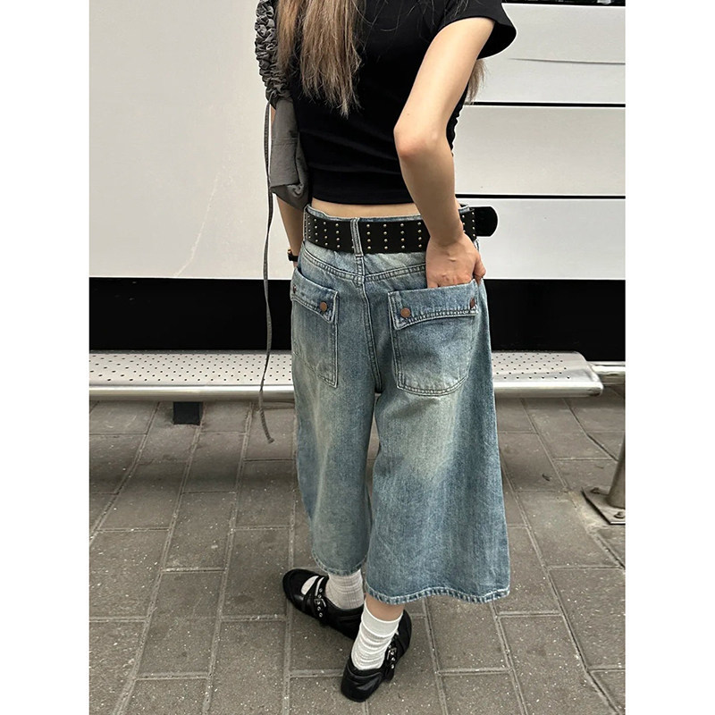 Summer High-Waisted American Retro Loose-Fitting Cropped Wide-Leg Jeans for Women, Petite Thin Straight-Leg Versatile Mid-Length Pants