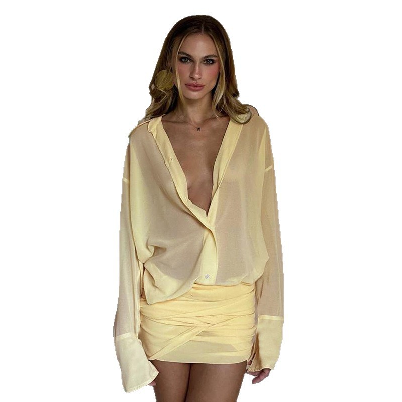Transfronterizos Europa y América ropa de mujer otoño y invierno nuevo temperamento con solapa cardigan delgado corbata envolvente sexy vestido de camisa image 6