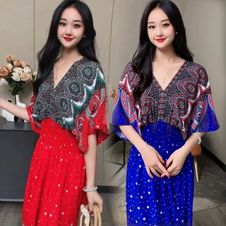 民族风V领棉绸短袖法式泰国风连衣裙女夏印花田园风裙子度假穿搭