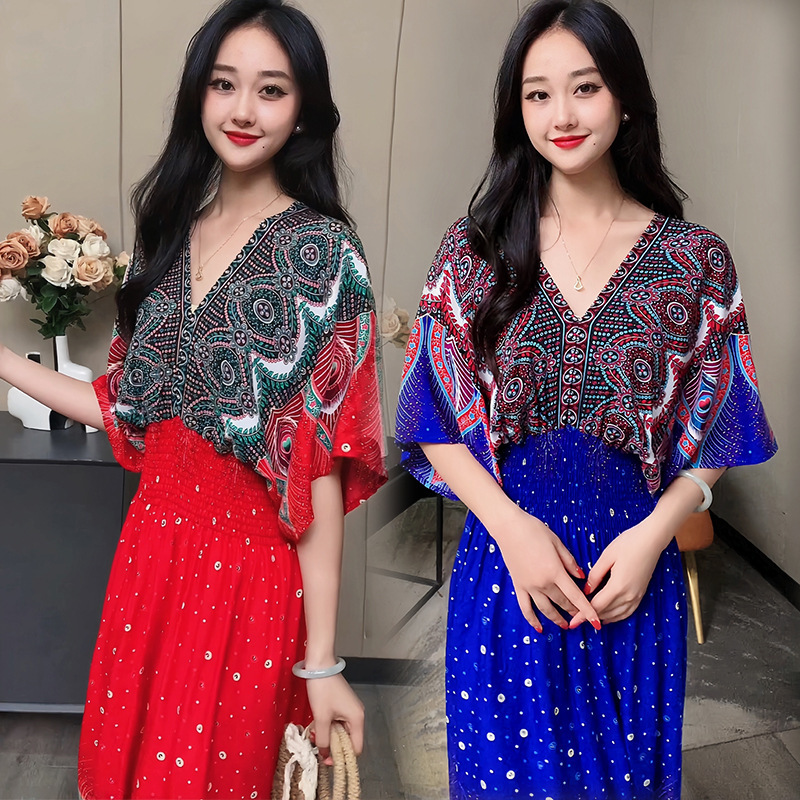 Ethnic Style V Neck Cotton Silk Short-Sleeved French Thai Style Dress for Women Summer Printed Pastoral Style Skirt for Vacation Wear